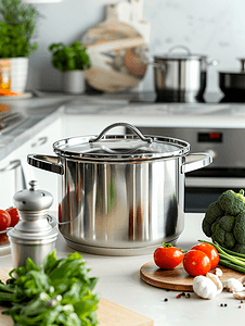 电磁摄影照片_现代厨房里的锅和蔬菜