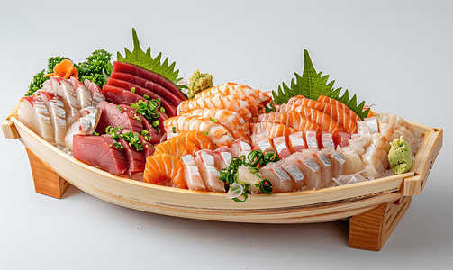 日式生鱼片摆放在船盘上