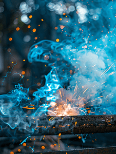 消防工程摄影照片_金属焊接工作高温产生的蓝火形成焊缝