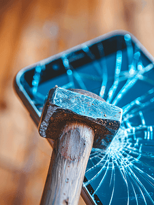 砸碎玻璃摄影照片_手机屏幕被锤子砸碎的特写