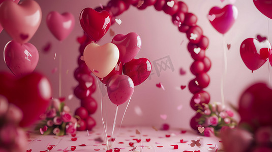 粉色红色爱心气球摄影照片