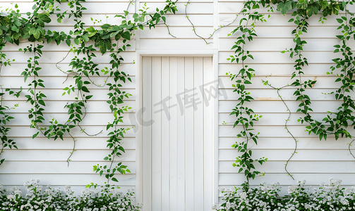 花园门口摄影照片_木墙外部背景上有叶子常春藤的白色门