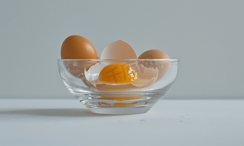 破裂的鸡蛋壳摄影照片_玻璃碗中破裂的鸡蛋和空壳
