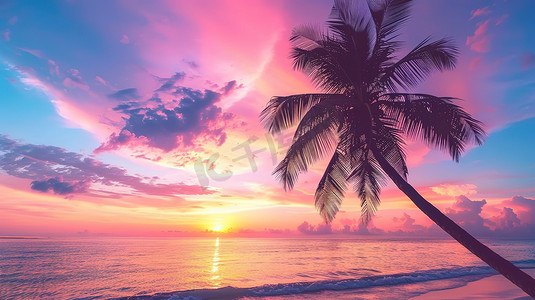 热带海滩上美丽日落照片