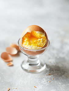 剪鸡蛋摄影照片_玻璃蛋杯中裂开的煮鸡蛋的顶视图