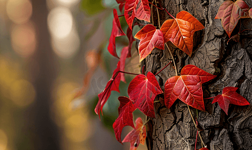 秋天弗吉尼亚爬山虎藤蔓爬上松树