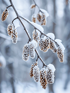 白雪皑皑的森林摄影照片_阿尔德树的柔荑花序在白雪皑皑的森林里关闭