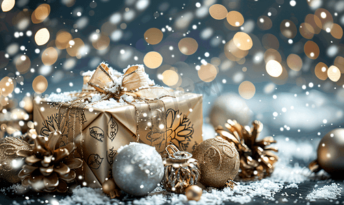 背景红色喜庆首页摄影照片_抽象背景和雪花上的礼品盒和圣诞装饰