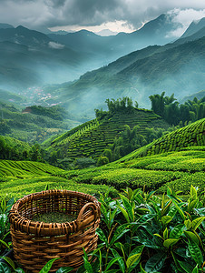 美丽的茶园竹篮茶叶高清摄影图