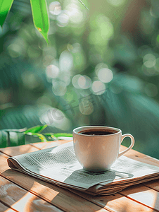山和阳光摄影照片_木桌上放着报纸的咖啡杯和种植园背景