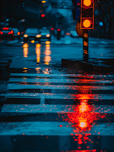 公路夜摄影照片_交通灯的红色反射在人行横道上