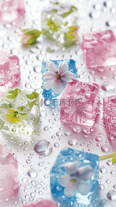 清凉夏日背景图片_夏日3D粉色清新透明冰块手机壁纸7设计图