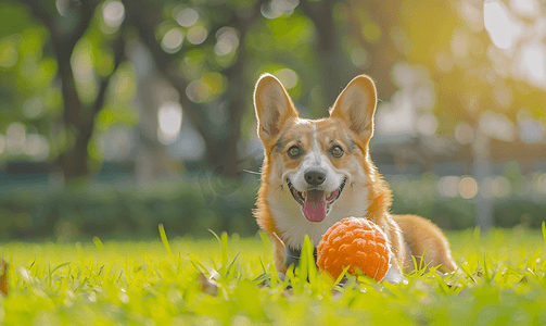 威尔士柯基犬在草坪上享受他的玩具