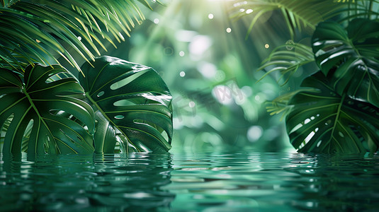 水上的热带树叶背景高清图片