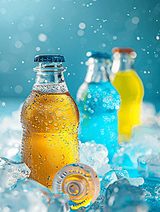 可乐雪碧瓶装摄影照片_将塑料瓶软饮料放入冰块中