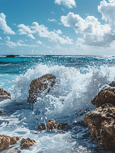 冲击力强摄影照片_海浪冲击着阿鲁巴岛的圆形岩石