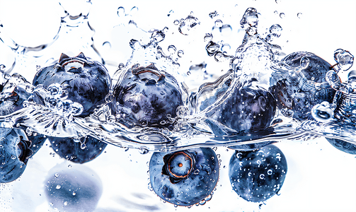 液体水溅摄影照片_孤立的白色背景上有水溅的新鲜蓝莓