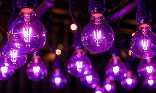 黑暗中的紫色花环黑色背景上的灯泡灯用电灯发光