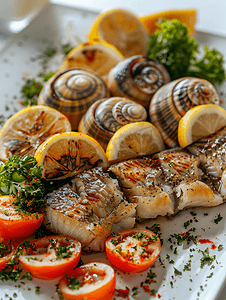 烤鱼海蜗牛配柠檬和蔬菜