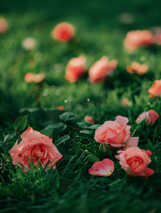 一朵粉色灌木玫瑰的花瓣落到草地上