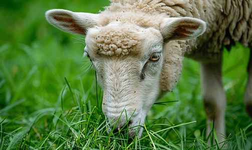 羊头素描摄影照片_吃绿草的羊头的特写