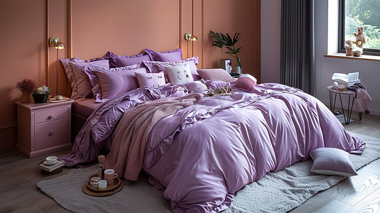 优雅淡紫色卧室四件套摄影图