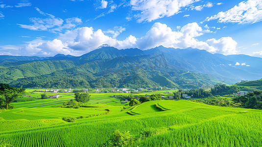 夏天绿色的美丽稻田摄影图