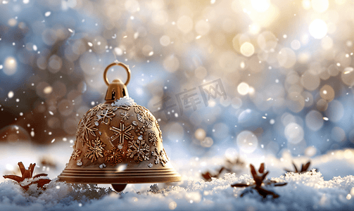 圆圈抽象摄影照片_抽象背景和雪花上的响铃和圣诞装饰