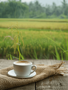 田野春天摄影照片_木桌和稻田背景上有棕色黄麻的咖啡杯