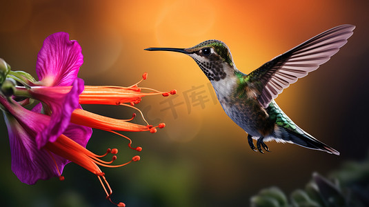 一张蜂鸟在花朵采蜜摄影图