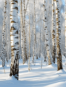 寒冷冬季积雪的桦树林