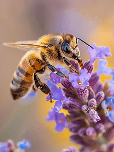 一只小蜜蜂坐在紫色小野花上的特写