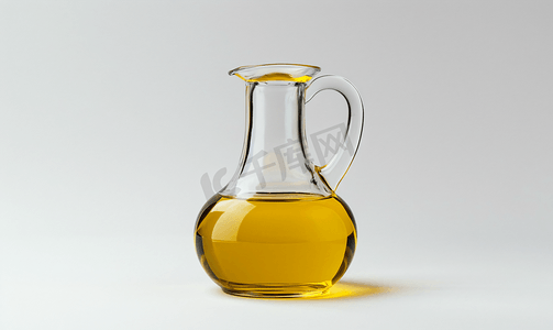 出水素果摄影照片_玻璃壶与橄榄油孤立在白色