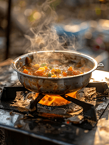 汤在炉子上沸腾在燃气喷射器上烹饪户外食物
