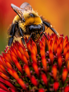 大黄蜂站在红色金光菊上清洁脸部