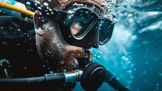 水底慢慢升起的气泡摄影照片_水底潜水设备人员摄影照片