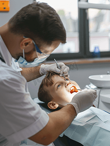 医生检查一个小病人的牙齿