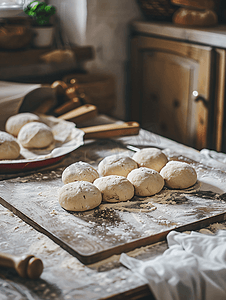 传统食品手工摄影照片_厨房桌子上正在制作的生自制面包