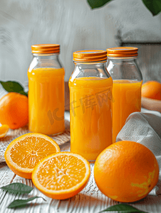 玻璃瓶中的橙汁和白色木质乡村背景中的新鲜橙子