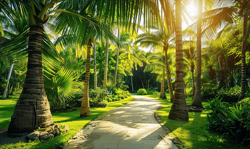梦幻天空紫色摄影照片_有棕榈树的夏季花园