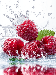 水果厨房背景摄影照片_白色背景下水溅的新鲜树莓