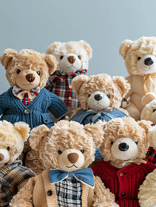 动物玩具背景摄影照片_一群毛茸茸的毛绒熊玩具穿着各种衣服泰迪熊毛绒动物