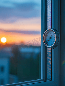 热暮色中窗户和蓝天上的温度计