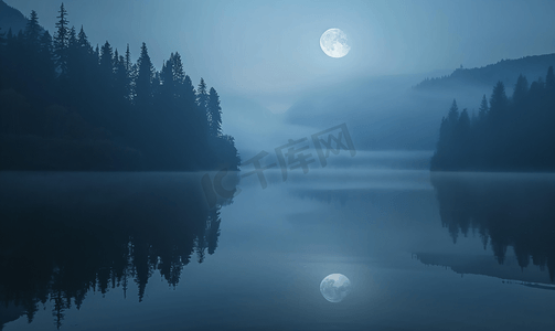 树剪影剪影摄影照片_夜晚神秘森林湖上的满月