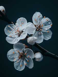 春天精致的白色樱花在黑暗背景下的特写