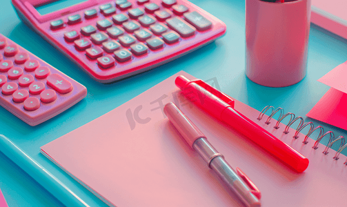 桌子上有一个红色记号笔、一张粉色纸和计算器
