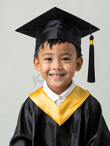 毕业季狂欢购摄影照片_快乐的亚洲小学生在毕业帽中毕业
