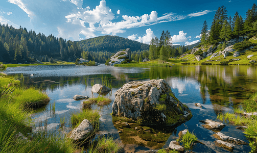 山湖上令人惊叹的景观有一块大岩石垂直景观