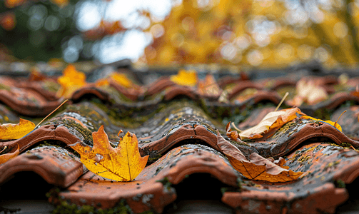 很多房子摄影照片_屋顶上有很多秋叶
