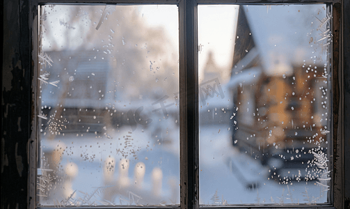 透过冰冻的窗户看村庄的模糊景色